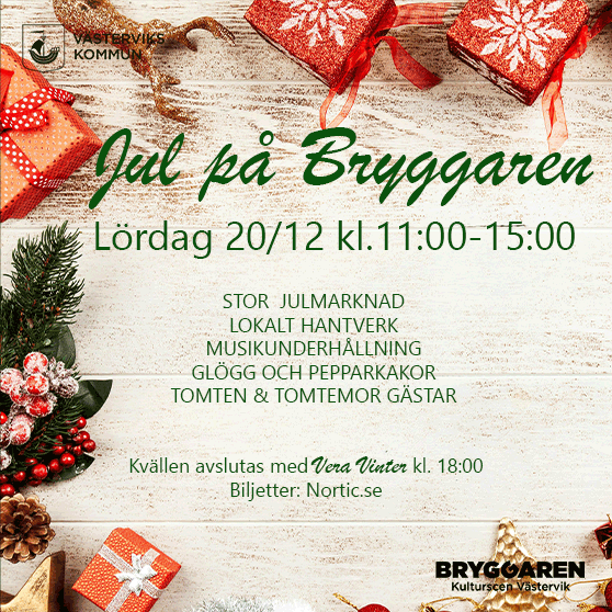 På bilden som har julstämning syns texten till evenemanget. Jul på Bryggaren Lördag 20/12 kl.11:00-15:00 STOR  JULMARKNAD LOKALT HANTVERK MUSIKUNDERHÅLLNING GLÖGG OCH PEPPARKAKOR TOMTEN & TOMTEMOR GÄSTAR