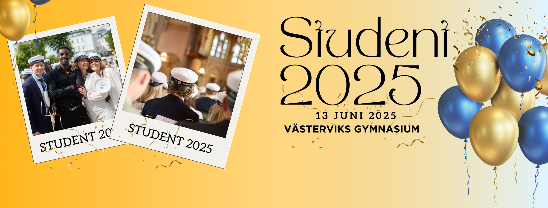 En gul platta med ballonger, konfetti, en bild på studenter och texten 14 juni 2024, student 2024,