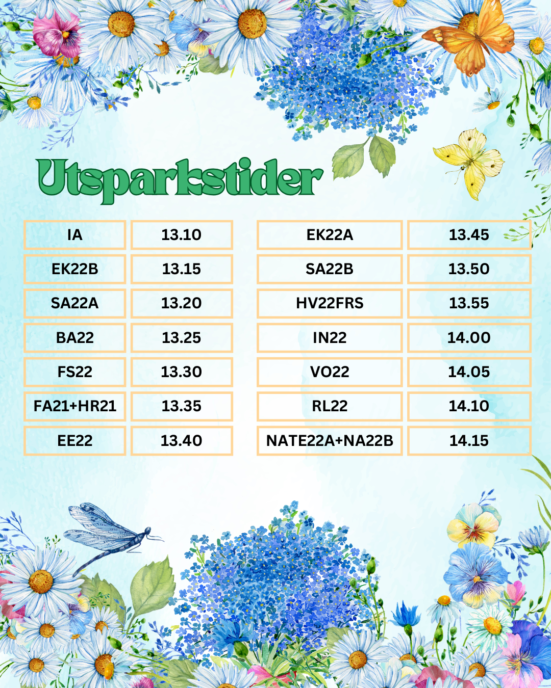 Tider med elevernas utspring, kantat av blommor.