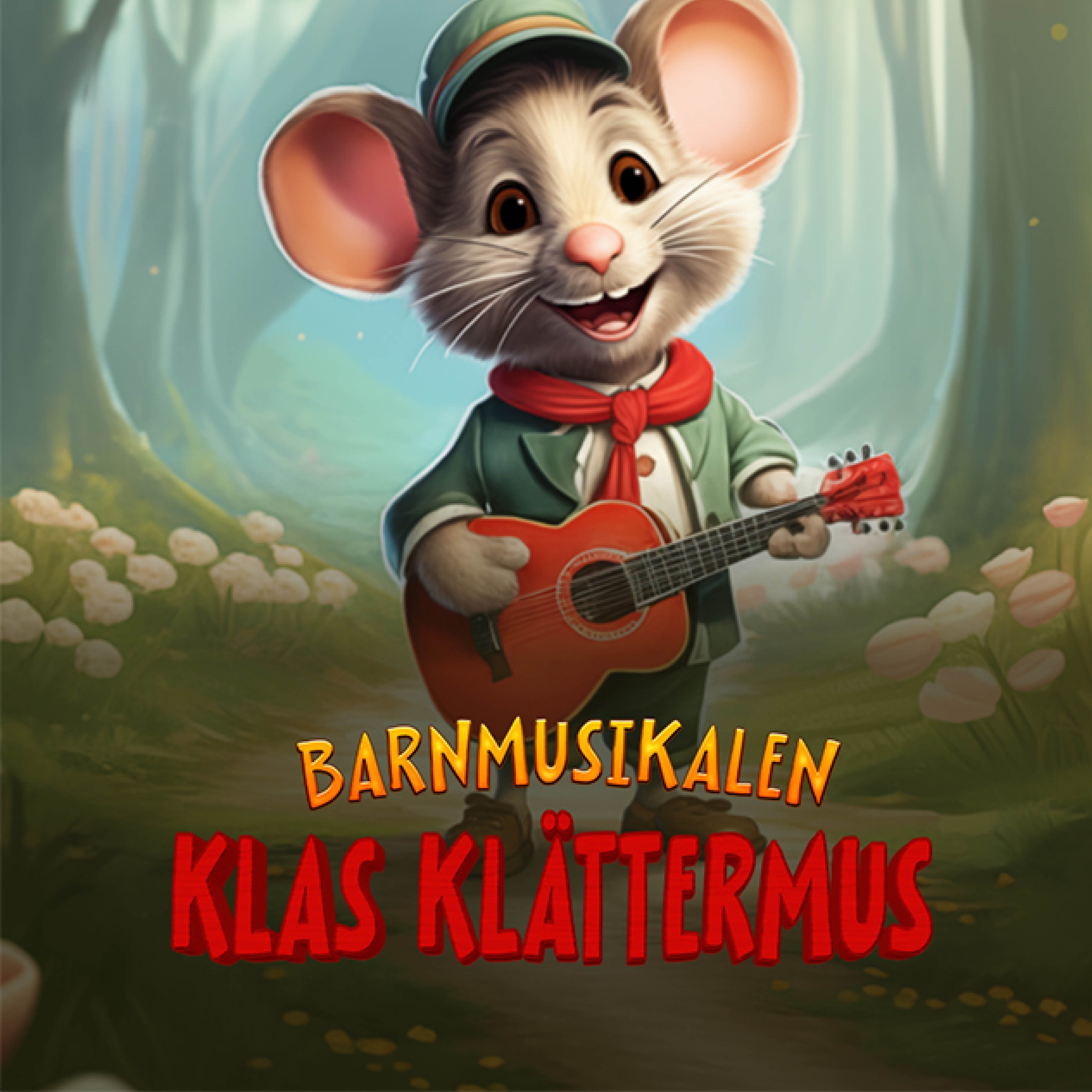 Vi ser Klas Klättermus som står i skogen med en gitarr. Han ser glad ut.