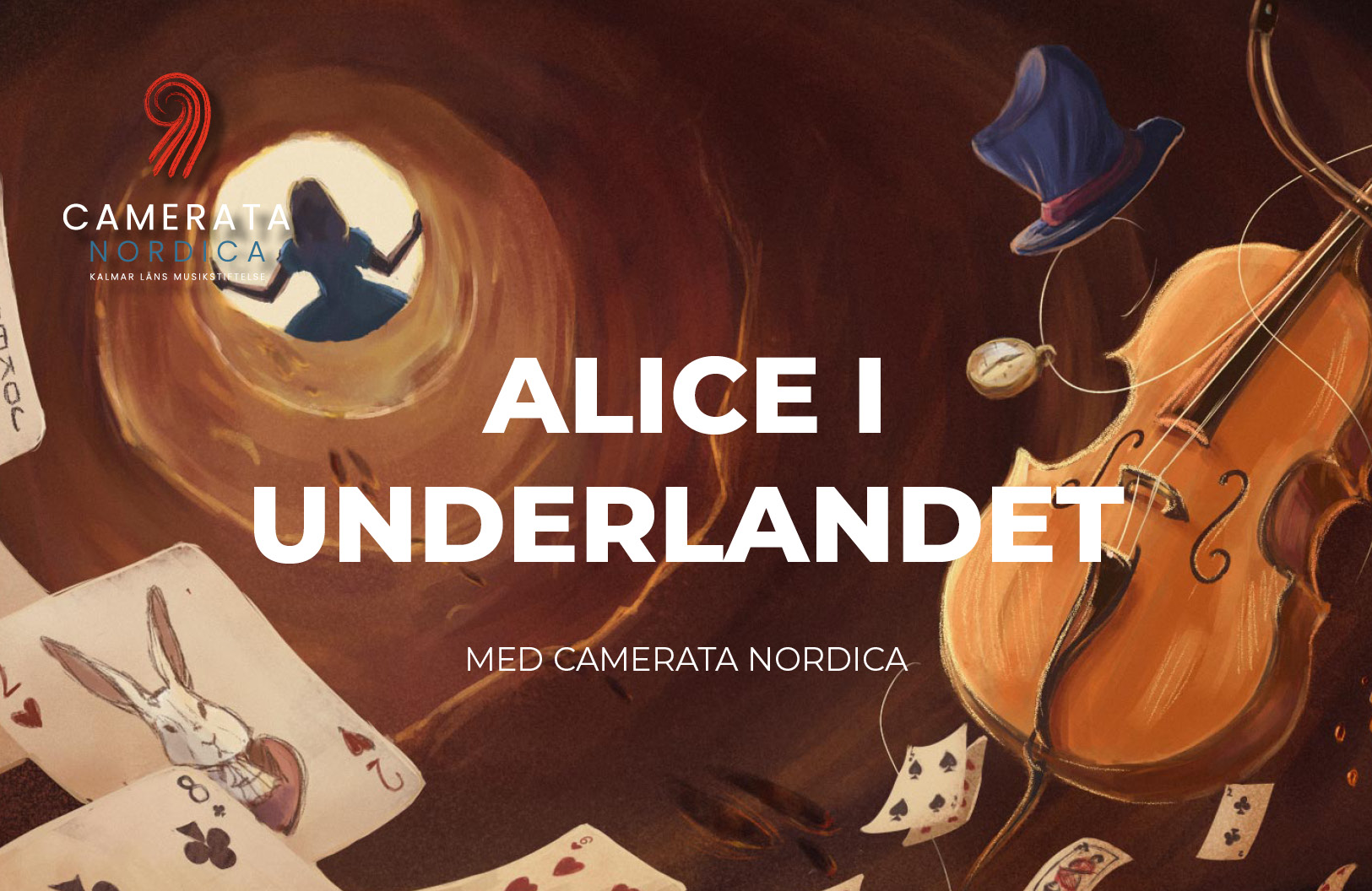 Man ser hur Alice tittar ner i öppningen till Underlandet. På bilden syns spelkorten och en cello.