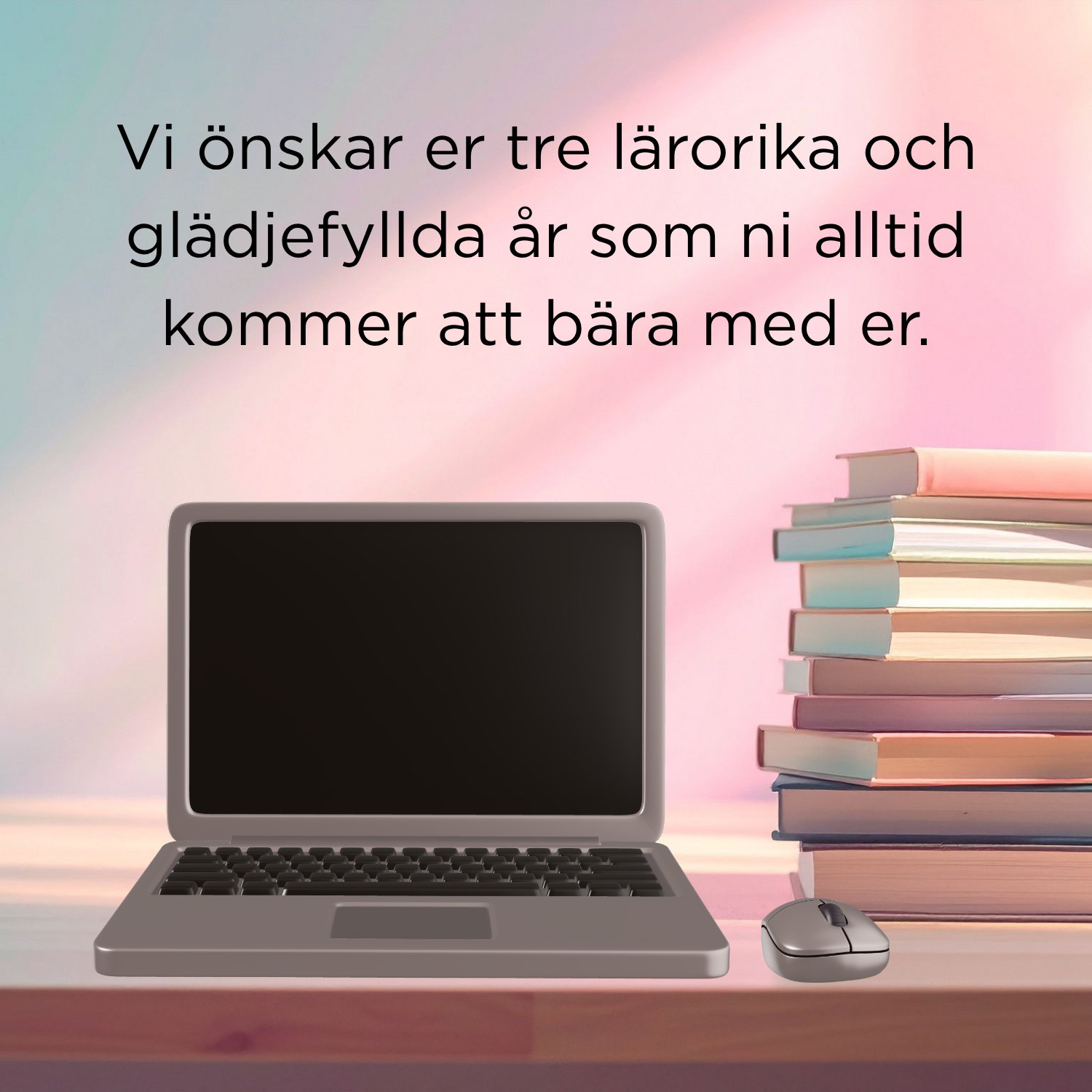 Böcker i en hög, en laptop.