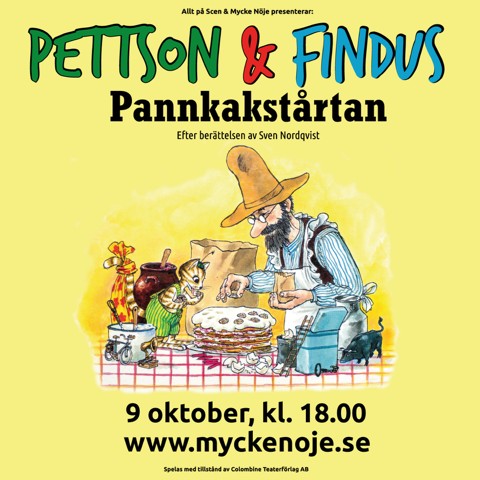 På bilden syns Pettson och Findus som ordnar med en tårta som står på ett bord.