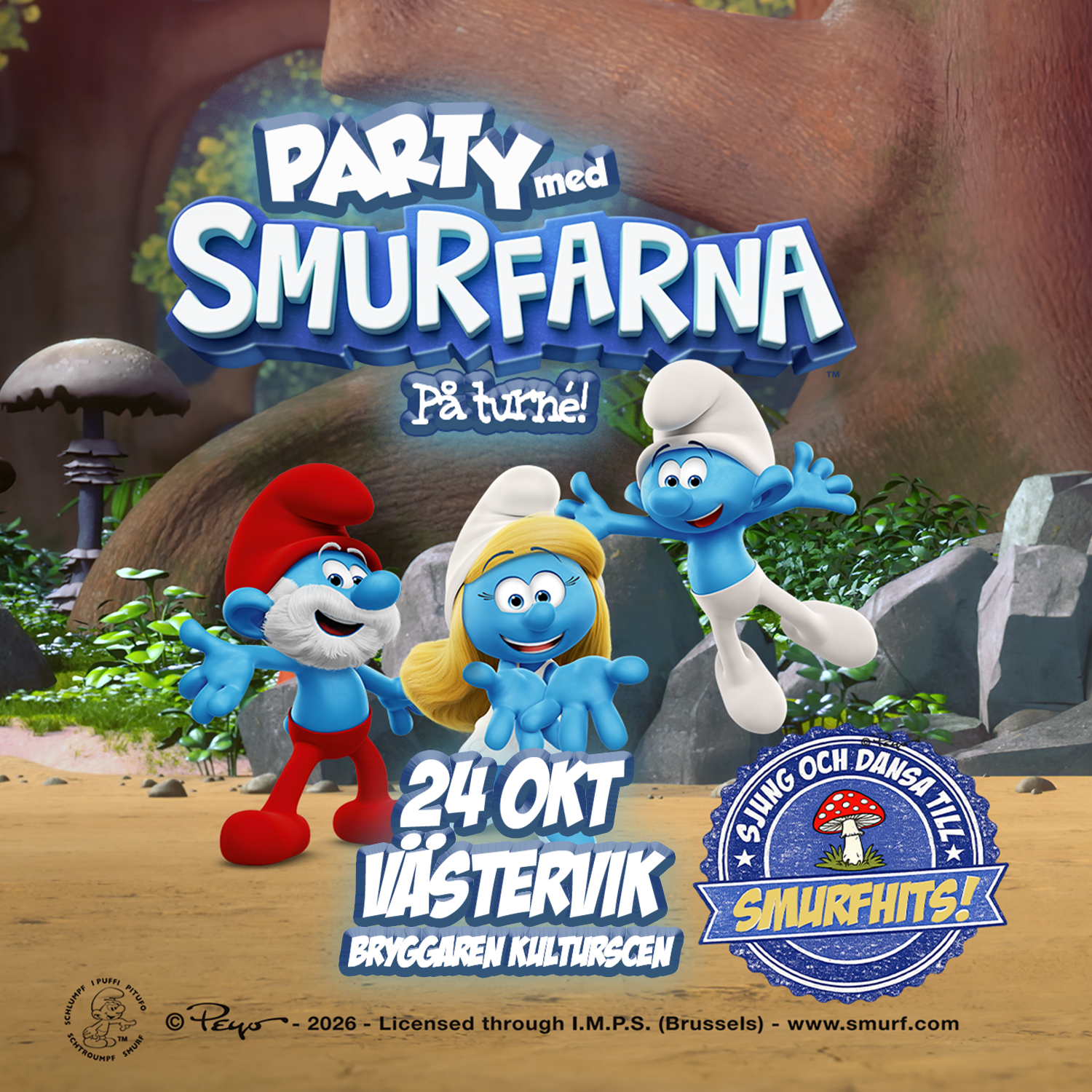 Affisch för föreställning om Smurfarna. 