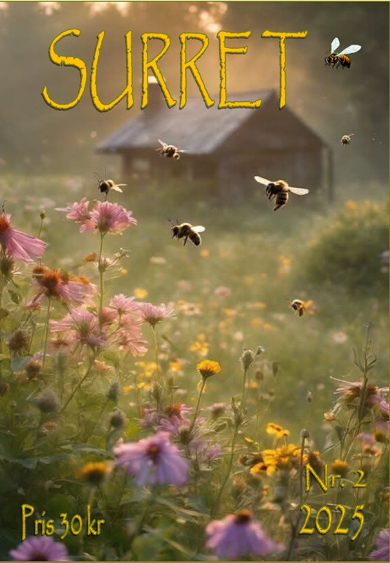 Framsida av Tidningen Surret 2025 med blommor och flygande bin. 