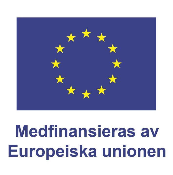 En blå flagga med stjärnor i en cirkel och texten Medfinanseras av Europeiska unionen.