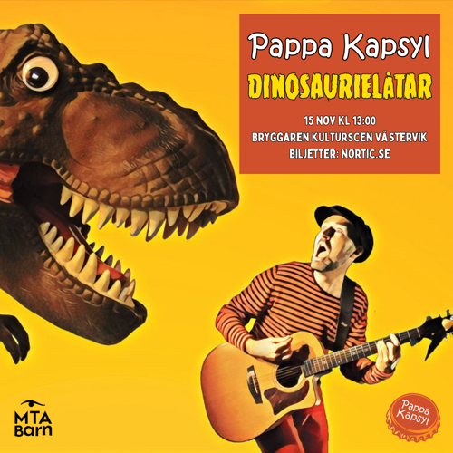 Pappa Kapsyl jagas av en T-Rex. Han ser lite skrämd ut när han springer med gitarren i sitt knä.