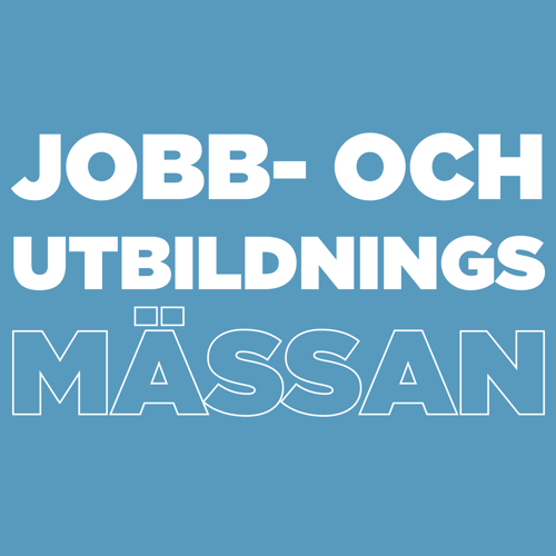 Blå platta med texten Jobb- och utbildningsmässan.