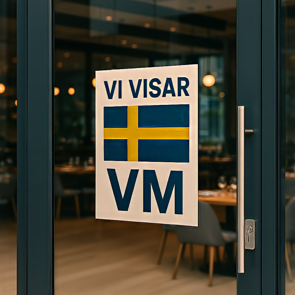 bild på dörr till restaurang med skylt som det står "Vi visar VM" på, tillverkad med hjälp av AI