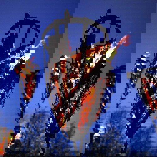 Brinnande eldkorg i skymning.