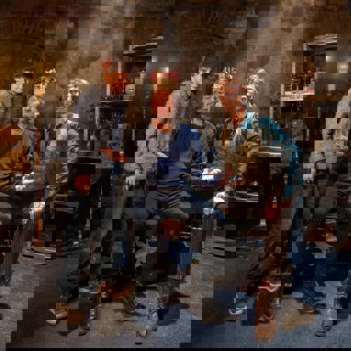 Regissören Calle Åstrand bredvid skådespelarna iklädd en kungakrona.