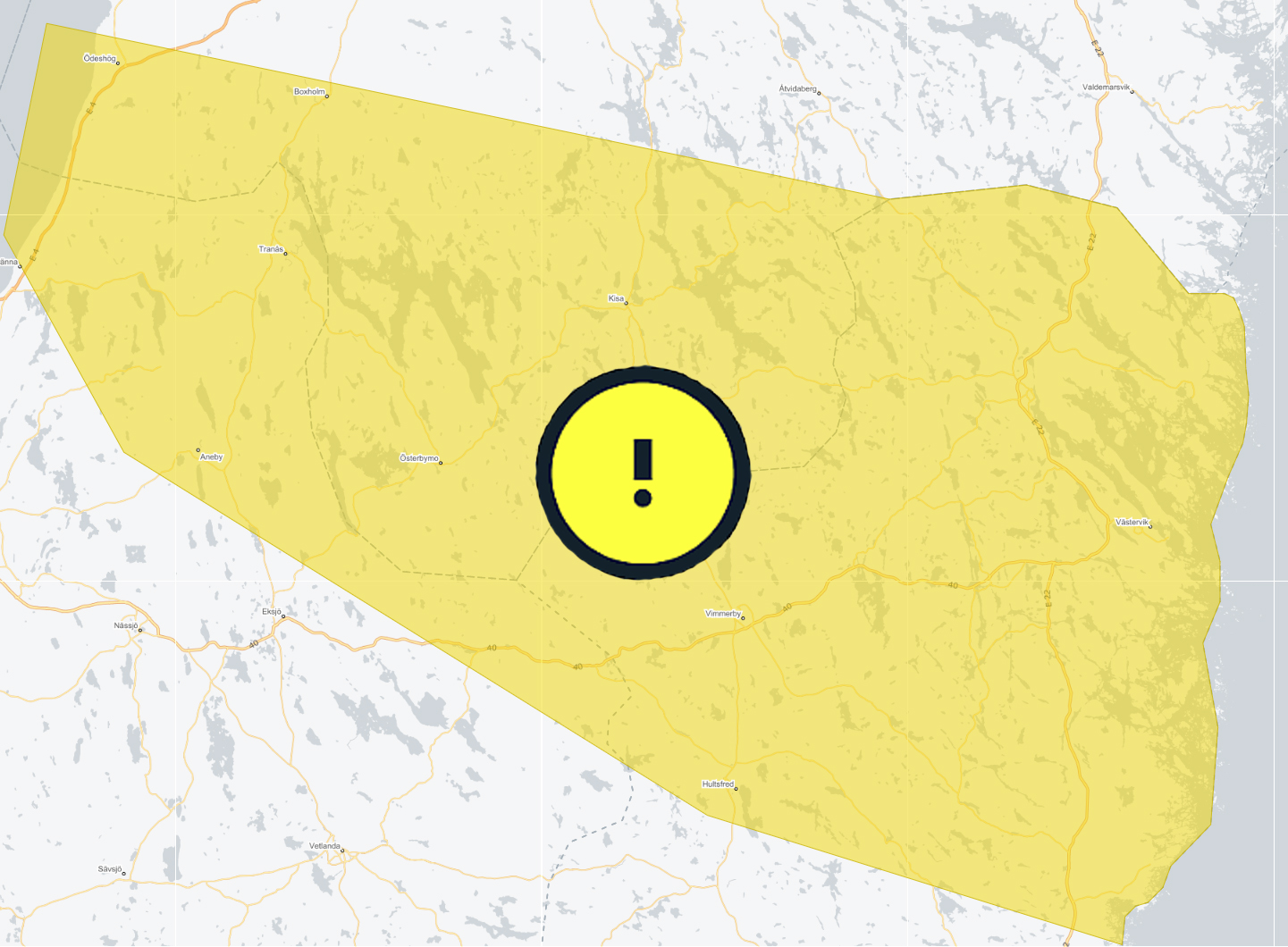 karta gul vädervarning måndag 6 januari 2026