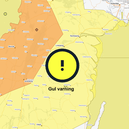 Vädervarning gul vind Västerviks kommun 5 och 6 april 2026 med varningssymbol - uppdaterad 5 april