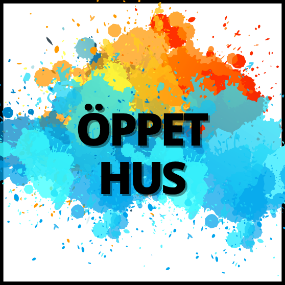 En bild på en färgexplosion och texten Öppet hus. 